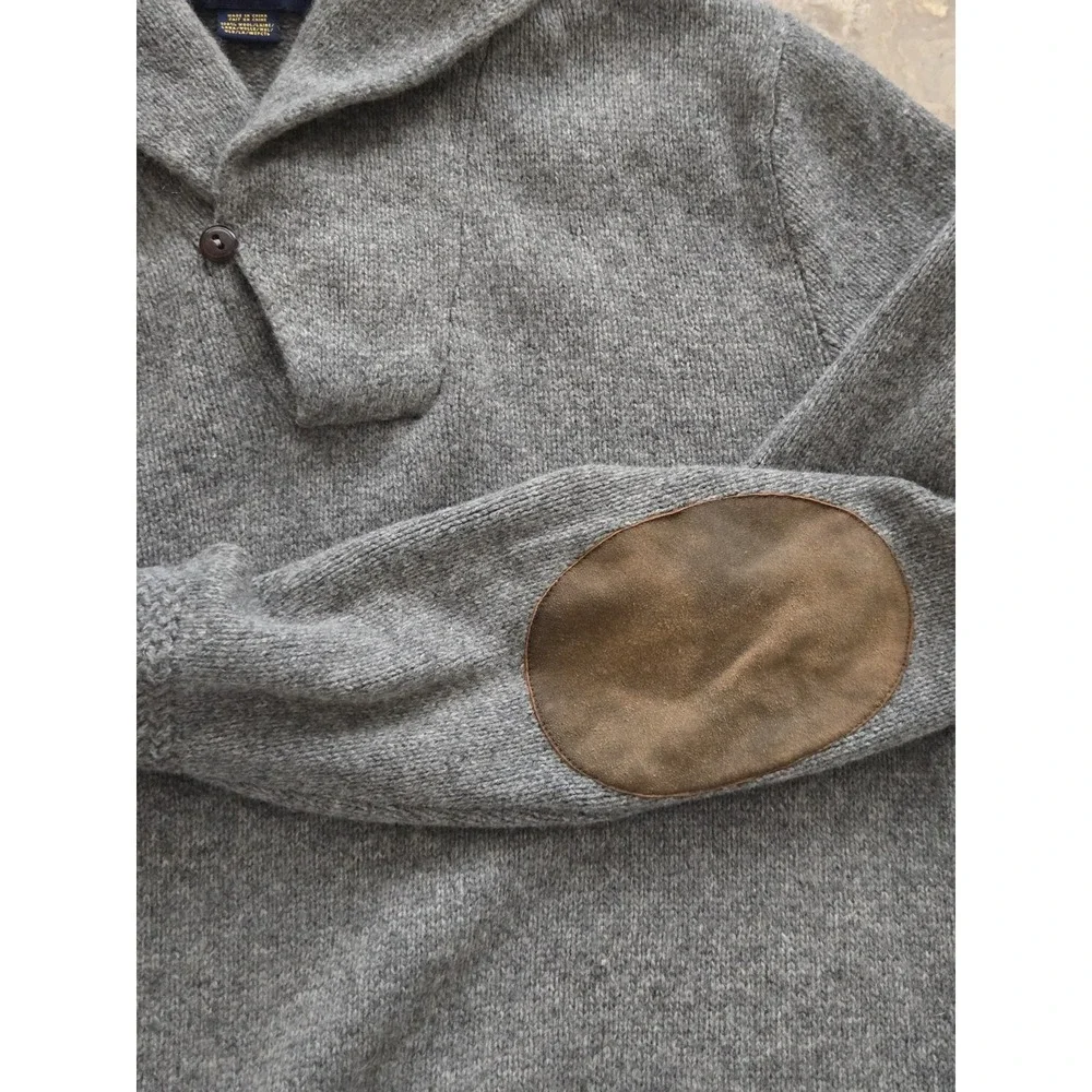 Vintage RALPH LAUREN RUGBY 100% WOOL‎ Knit Sweater SUEDE ELBOW Patch Mens Large
